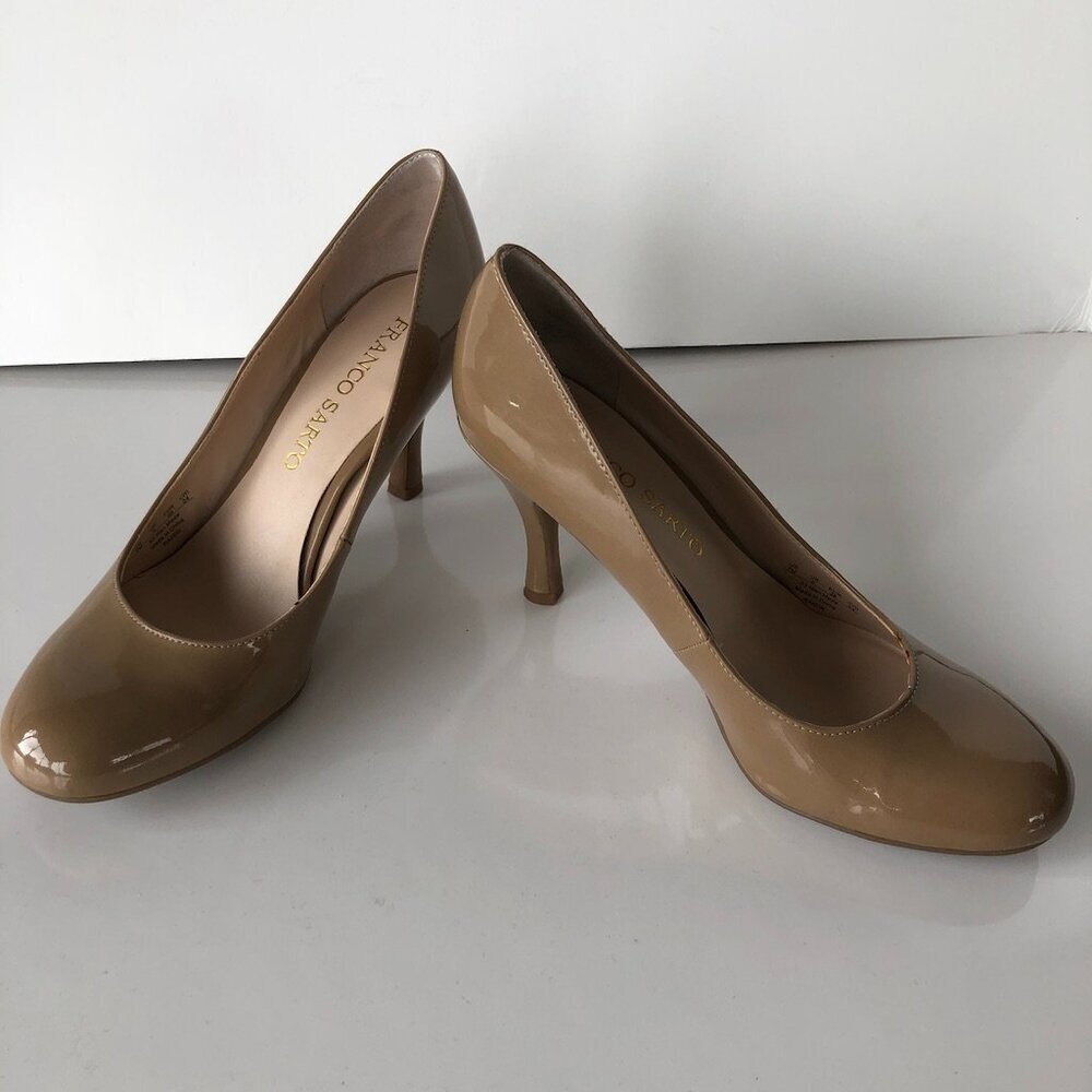 FRANCO SARTO manmade patent raisen tan nude taupe cushion 3.25" heel pumps US 7M